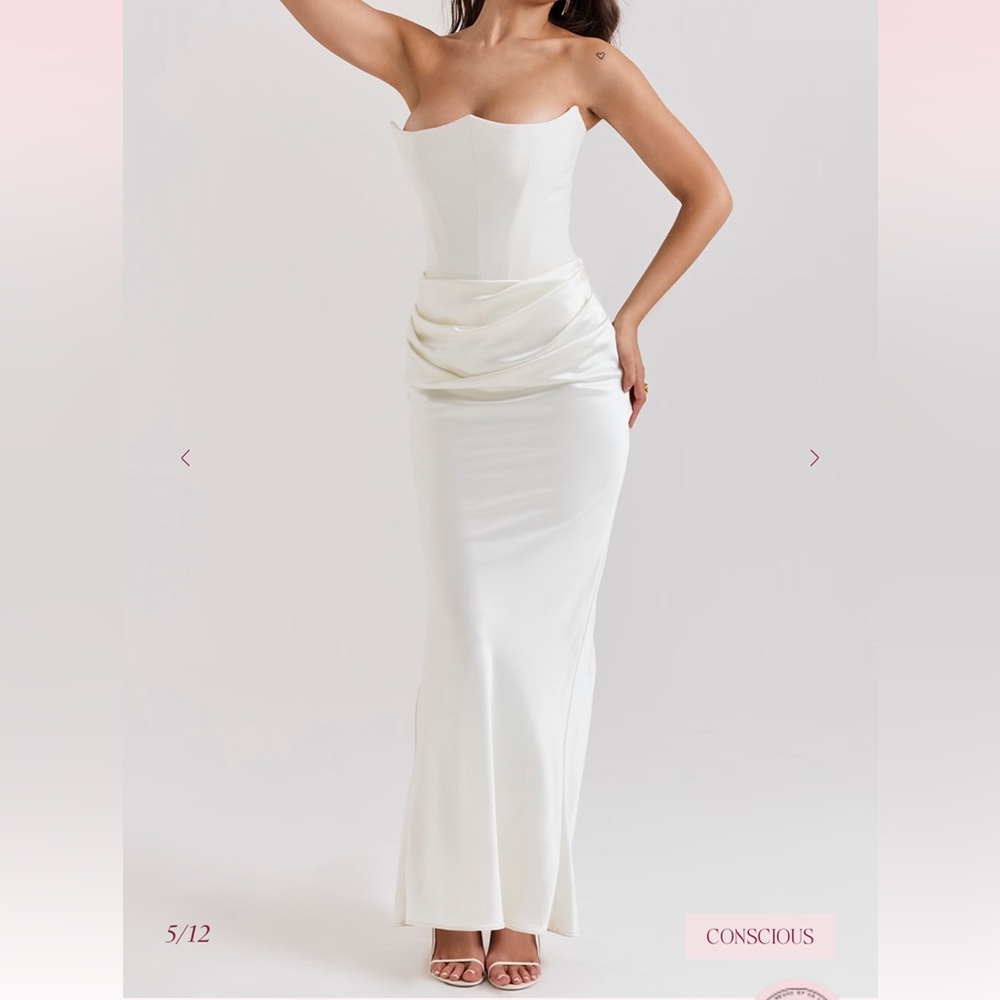 House of CB White Strapless Draped Satin Wedding Gown